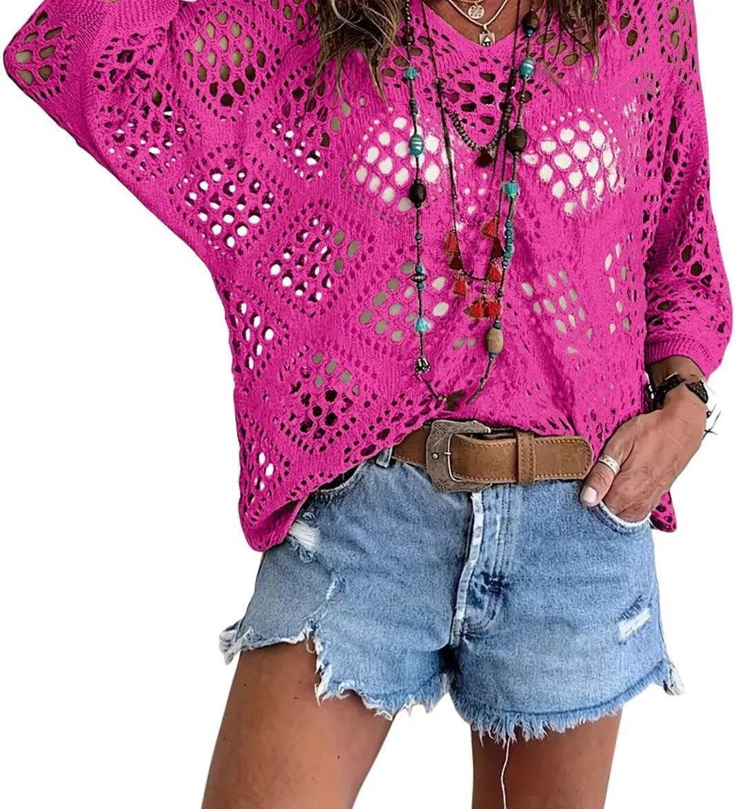 🥰Summer Sale-60% OFF💛Womens Bohemian-Inspired Beige Crochet Top With V-Neck