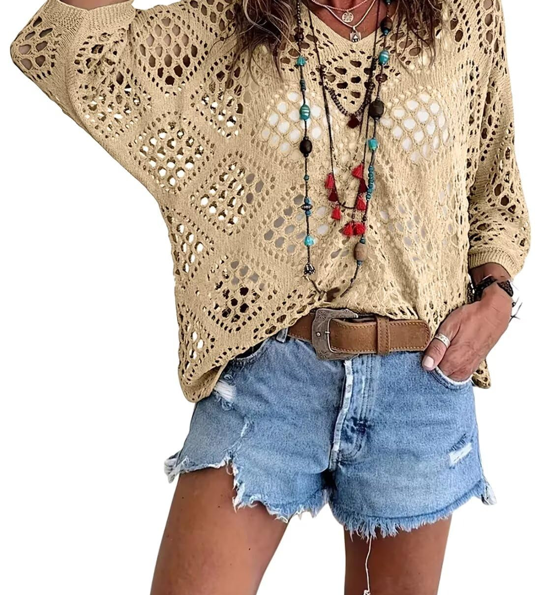 🥰Summer Sale-60% OFF💛Womens Bohemian-Inspired Beige Crochet Top With V-Neck