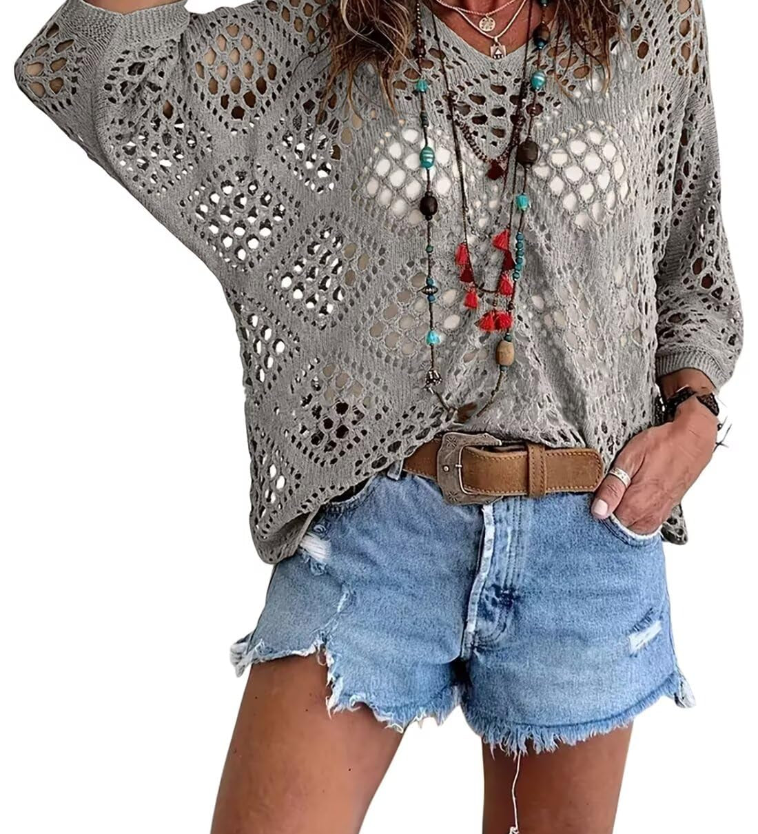 🥰Summer Sale-60% OFF💛Womens Bohemian-Inspired Beige Crochet Top With V-Neck