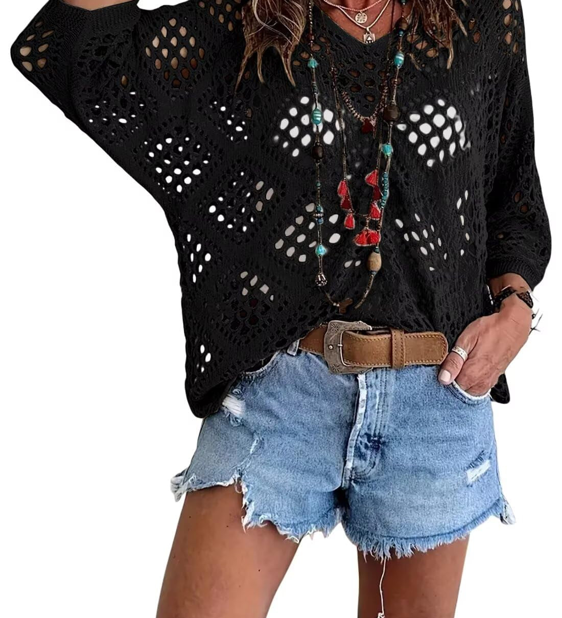 🥰Summer Sale-60% OFF💛Womens Bohemian-Inspired Beige Crochet Top With V-Neck