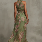 Amelia - Green Floral Halter Chiffon Maxi Dress