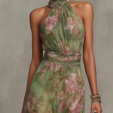 Amelia - Green Floral Halter Chiffon Maxi Dress