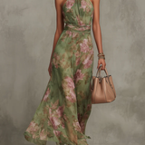 Amelia - Green Floral Halter Chiffon Maxi Dress